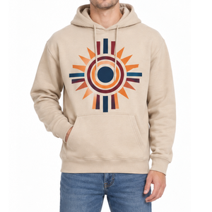 Sweat à capuche léger pour homme, beige clair, avec imprimé graphique abstrait géométrique soleil couchant, pull décontracté - Product Image 1