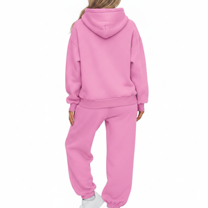 Ensemble de survêtement pour femme surdimensionné avec logo personnalisé, sweat à capuche en molleton et pantalon de jogging, deux pièces, rose uni, tenue décontractée - Product Image 4