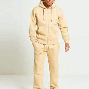 Ensemble sweat-shirt à capuche en molleton de coton beige pour homme, fermeture éclair, coupe classique, couleur unie, vêtements décontractés pour l'automne - Product Image 3