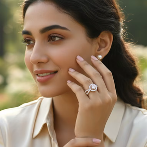 Anillo de Compromiso Personalizado con Diamantes en Racimo Floral Dorado y Halo de Flores, Joyería para Mujer - Product Image 6