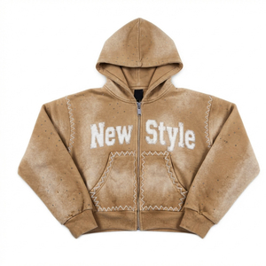Sudadera con capucha de algodón French Terry con cremallera y pedrería, con efecto deslavado y logo personalizado, para venta en línea - Product Image 1