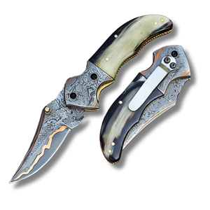 Cuchillo Plegable de Supervivencia para Camping de Alta Calidad, Grado Industrial, Hecho a Mano, de Acero de Damasco y Cobre, con Bloqueo Interno Recto, OEM - Product Image 1