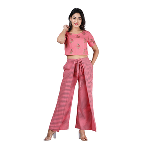 Ensemble coordonné 2 pièces pour femme : Crop top rose imprimé et pantalon palazzo rayé, manches courtes, col rond, décontracté, printemps-été - Product Image 1