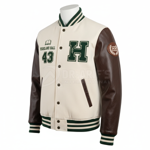 Veste universitaire pour homme, crème, manches en cuir marron, logo H brodé, style preppy, col rabattu, automne, grandes tailles, vestes pour homme - Product Image 2