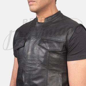 Chaleco de Cuero Genuino Negro Personalizado para Hombre, Corte Ajustado, Sin Cuello, con Cierre de Cremallera, Botones a Presión y Bolsillos en el Pecho - Product Image 3