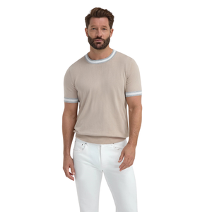 Men's Beige Knitted Short Sleeve <b>T</b>-<b>Shirt</b> O-Neck Contrast Trim Regular Fit Casual Solid Color Cotton Top - Product Image 1