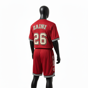 Conjunto de camiseta y pantalones cortos de baloncesto para hombre, de malla de poliéster de alta calidad, uniforme deportivo rojo con logotipo personalizado bordado, conjunto corto para hombre - Product Image 5
