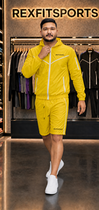 ชุดกีฬา REXFIT SPORTS 2026 สีเหลืองแบบกำหนดเอง ชุดเซ็ตเสื้อแจ็คเก็ตฮู้ดกันลมและกางเกงขาสั้นผ้าไนลอนสำหรับผู้ชาย ชุดกีฬาสองชิ้น พร้อมโลโก้แบบกำหนดเอง - Product Image 6