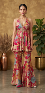 Ensemble haut à col halter et peplum floral multicolore vibrant avec pantalon palazzo évasé - Mélange de soie élégant pour femme, idéal pour les fêtes et les mariages - Product Image 1