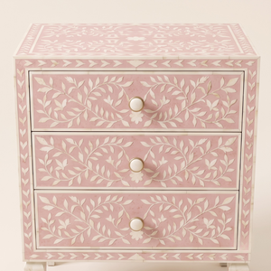 1. Table de chevet de luxe rose clair avec incrustations en os, 3 tiroirs, motif floral, faite à la main, en bois, pour chambre à coucher - Product Image 5