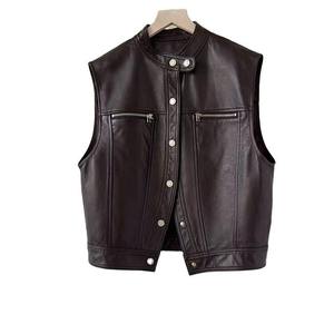 VIBE SEWN - Blusa sin mangas de cuero genuino y lona para mujer, estilo gótico, corte ajustado, cuello en V largo, doble botonadura - Product Image 1