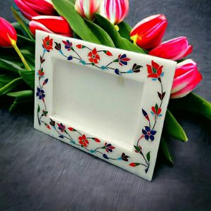 Stone Era Premium <b>White</b> Marble Photo <b>Frame</b> Traditional Floral Stone Inlay Design Handmade Luxury Wall Mount <b>Frame</b> for - Product Image 2