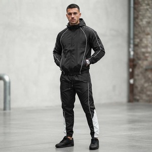 Custom Embroidered logo Lightweight piping Windbreaker <b>Zip</b> Jacket Set Nylon Streetwear Tracksuit Stripe Sweatsuit for Men - Product Image 1