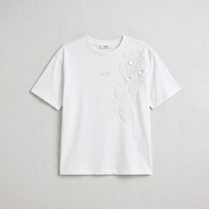 100% Cotton Floral Lace women's shirt Crew Neck Short Sleeve T-Shirt DTG Custom Tonal Embroidered Logo Loose Fit Casual Wear Y2K - Product Image 3