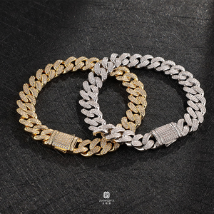 Luxury 12mm iced out cuban link bracelet 18k gold plated brass vvs moissanite prong setting hip hop jewelry for <b>men</b> - Product Image 1