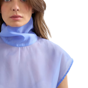 Blusa Transparente de Cuello Alto para Mujer, Top de Manga Corta con Cierre de Botones en la Espalda, Dobladillo Curvo, Lisa, Transparente, para Trabajar o Combinar en Capas, Camisa de Verano - Product Image 6