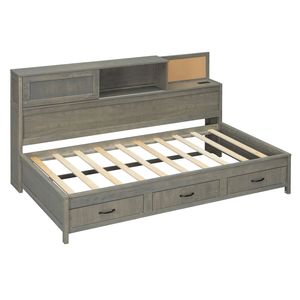 Divano letto singolo in legno grigio con 3 cassetti contenitore, ripiano superiore morbido e set di prese e porte USB - Product Image 6