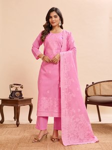 Nuevo Salwar Kameez de Algodón Chanderi Rosa Caramelo 2026, Conjunto de 3 Piezas con Estampado Floral, Ropa Étnica India de Lujo, Estilo Bollywood - Product Image 4