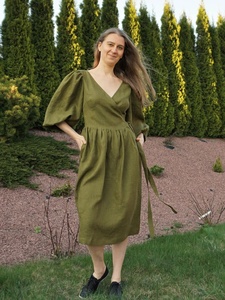 Nouvelle Arrivée Robe de Cocktail Formelle pour Invitée de Mariage en Coton, Coupe Midi, Col en V, Évasée, Manches Bouffantes, Idéale pour l'Été - Product Image 4