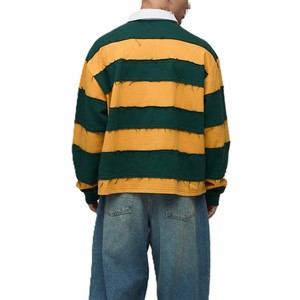 Oversized Striped Rugby <b>Shirt</b> Distressed <b>Patchwork</b> Custom Design Premium Cotton Men's <b>shirts</b> Streetwear Heavyweight Casual <b>Shirt</b> - Product Image 3