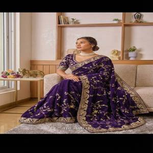 VASTRA COTTAGE Sari de Seda Satinada Pura y Suave con Bordado de Lentejuelas y Zari, Borde con Ribete y Blusa Elegante - Product Image 4