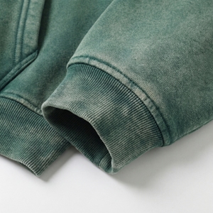 Sudadera con capucha verde lavado de gran tamaño con cremallera completa, forro polar vintage lavado, hombros caídos, bolsillo canguro, OEM / Marca Privada - Product Image 5