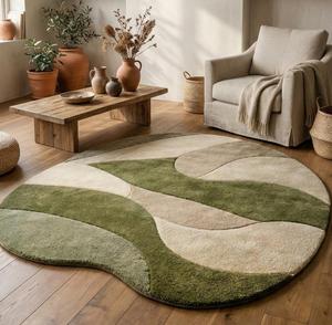 Modern Abstract Regular Hand Tufted Wool Anti-Slip Medium Pile 10-14mm Thickness Cotton Canvas Backing Area Rug Soft Green - Product Image 1