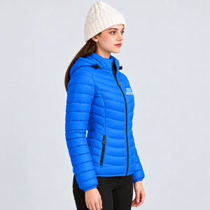 Chaqueta acolchada azul para mujer, con capucha, cierre de cremallera, abrigo de invierno, ropa de abrigo de manga larga con bolsillos frontales - Product Image 2