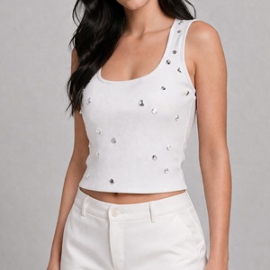 Affordable price Wholesales White Regular Tank <b>tops</b> Solid Square Neck Sleeveless Knitted Women's Breathable Tank <b>Top</b> Short BD - Product Image 2