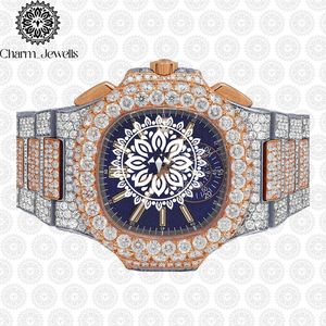 Charm_Jewells Luxury Men's Diamond Encrusted <b>Chronograph</b> Watch Stainless Steel Polygon Case 45mm Analog Quartz Sapphire Crystal - Product Image 1