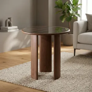 Modern <b>Round</b> Mango Wood Side <b>Table</b> Minimalist Design Handmade Living Room Furniture Dark Finish Three-Leg Base - Product Image 4
