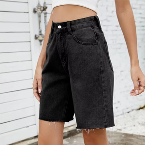 Women's Washed Straight Casual Denim Shorts Streetwear Style <b>Patchwork</b> Pattern Short Jeans Pants for Girls and Ladies - Product Image 3