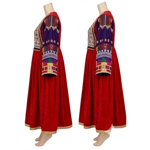 Women's Red Velvet Kurta Midi <b>Dress</b> With Embroidered Sleeves Traditional Ethnic Style Wedding Wear Loose Fit Afghan Kuchi <b>Dress</b> - Product Image 3