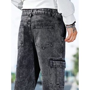 Jean cargo en denim gris anthracite pour homme, style rétro vintage moderne multipoches, 100% coton, écologique, automne-hiver - Product Image 6