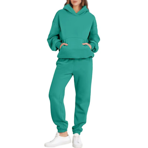 Ensemble de survêtement 2 pièces pour femme, léger, coupe-vent, respirant, avec sweat à capuche et pantalon de jogging, coupe droite, devant 100% coton, automne, élégant - Product Image 2