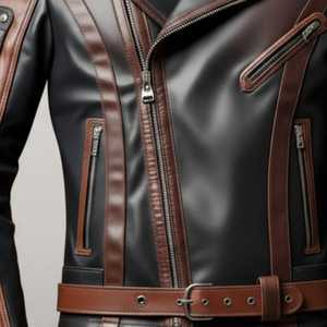 Veste de moto en cuir véritable imperméable pour homme, couleur marron et noir, avec ceinture - Product Image 6