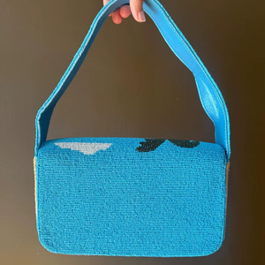 Beaded Beach Scene Handbag – Summer Coastal Purse with Palm <b>Trees</b> & Umbrella Design - Product Image 1