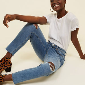 Jeans ajustados de cintura media, transpirables, ecológicos, rasgados, de mezclilla azul desgastada, de largo completo, talla grande, casuales, de pierna recta para mujer - Product Image 6