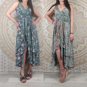 Robe formelle Manali en dentelle, taille naturelle, longueur genou, coupe trapèze, en coton, style bohème, avec fines bretelles, imprimé floral noir, vert, rose/bleu - Product Image 5