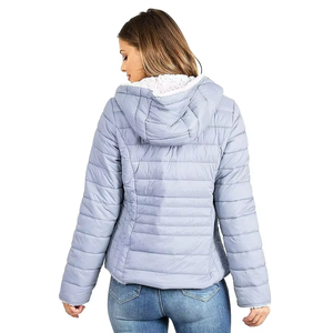 Women's Light Blue Quilted Jacket With Faux <b>Fur</b> Lined Hood Zipper Closure Full Sleeve Winter Warm Coat Regular Length - Product Image 2
