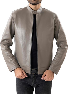 Blouson bomber en cuir PU gris pour homme, col montant, fermeture éclair, coupe ajustée, longueur standard, vêtement décontracté d'automne - Product Image 2