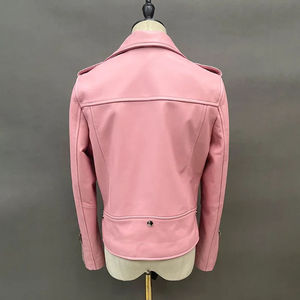 <b>Pink</b> PU Leather Moto <b>Jacket</b> Women's Autumn Stand Collar Full Sleeve Zipper Closure Solid Color Woven Pattern - Product Image 2