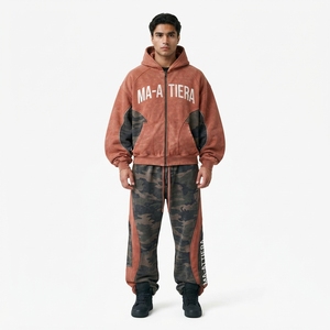 Men Rust Brown <b>Camouflage</b> Zip Up Hoodie <b>Tracksuit</b> Set Loose Fit Contrast Panel Streetwear Custom OEM ODM Wholesale - Product Image 1