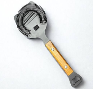 Elegante colador de cócteles gris con un mango de madera remachado inteligente y abridor de botellas integrado. Disponible a precio de mayorista. - Product Image 1