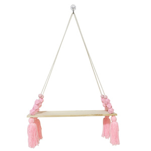 Bohemian <b>Wooden</b> Single Tier Wall Shelf Hanging Rope Pink Beaded Tassel <b>Decor</b> Storage Rack for Living Room <b>Nursery</b> - Product Image 1