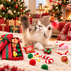 Coffret Cadeau de Noël pour Chat : Jouets Interactifs, Baguette de Teaser, Balles en Peluche, Boîte Cadeau de Fêtes pour Animaux, Ensemble de Jeu Chat Père Noël et Renne - Product Image 1