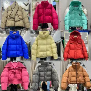 Jaket tebal katun wanita, jaket berlapis katun tebal pendek longgar kerah berdiri pusar warna cerah harga murah