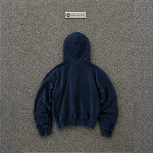 เสื้อฮู้ดซิปสีน้ำเงินแบบดิสเทรส แขนเสื้อประดับหมุด ทรงโอเวอร์ไซส์ ผ้าฝ้ายเฟรนช์เทอร์รี่ลายจุด ทรงปกติ สวมใส่สบายๆ สำหรับฤดูใบไม้ร่วง - Product Image 6