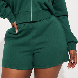 Ensemble sweat-shirt à capuche et short en polaire pour femme, 2 pièces, vert uni, vêtements de sport décontractés, fermeture éclair sur le devant, coupe régulière, longueur au-dessus du genou - Product Image 6