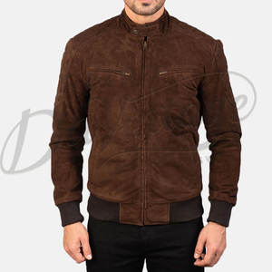 Veste en cuir suédé marron foncé pour homme, véritable peau de mouton, coupe ajustée, style motard, col à boutons pression, veste bomber décontractée d'hiver - Product Image 5